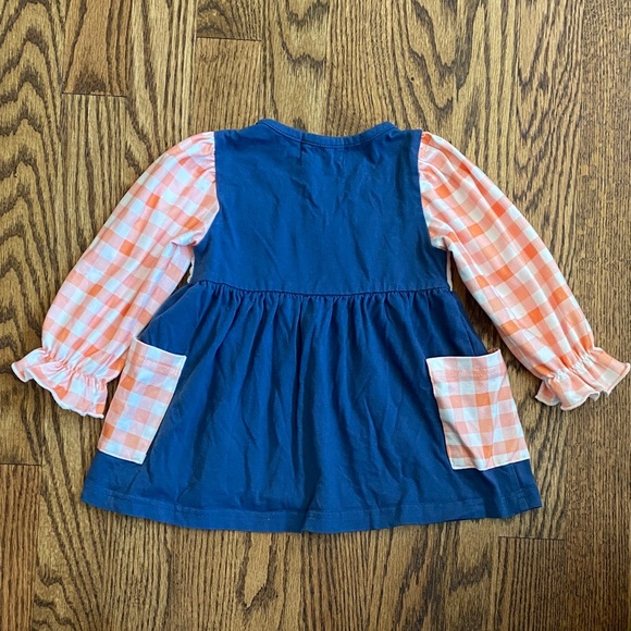 Blue with orange/white check sleeves football/turkey ruffle shirt, size 12-18 M - Picture 8 of 12